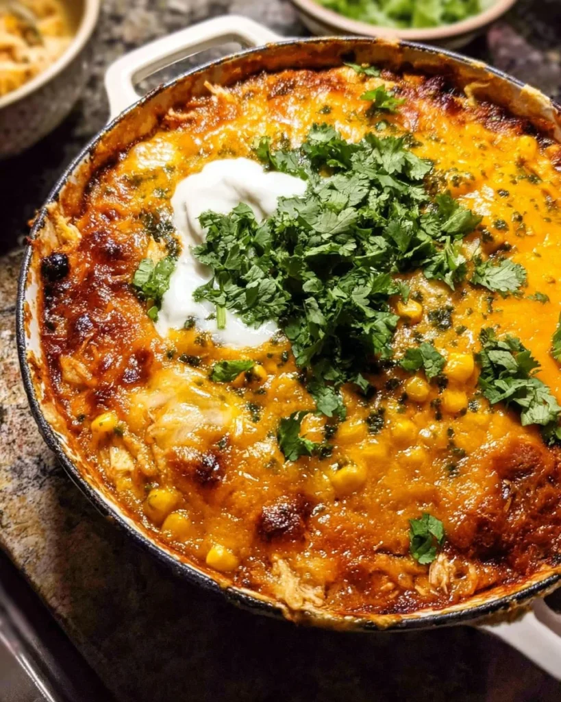 Delicious creamy chicken tamale pie served in a rustic dish