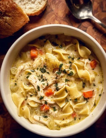 Delicious creamy homestyle chicken noodle soup in a bowl with herbs and crackers.