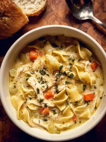 Delicious creamy homestyle chicken noodle soup in a bowl with herbs and crackers.