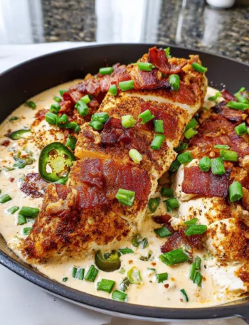 Creamy jalapeño popper chicken dish garnished and ready to serve