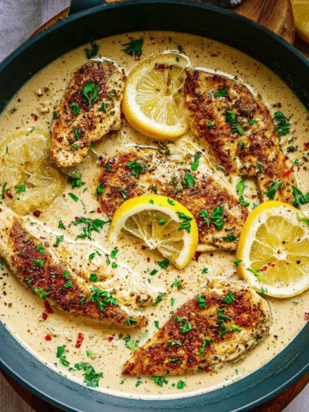 Delicious Creamy Lemon Pepper Chicken with herbs and spices