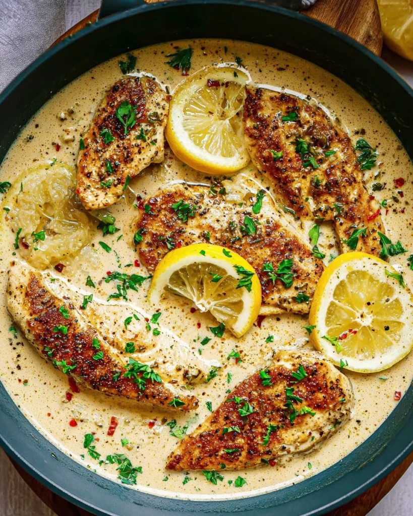 Delicious Creamy Lemon Pepper Chicken with herbs and spices