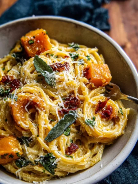 Creamy roasted garlic butternut squash pasta served in a bowl