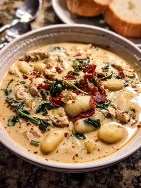 Bowl of creamy spicy chicken gnocchi soup garnished with herbs