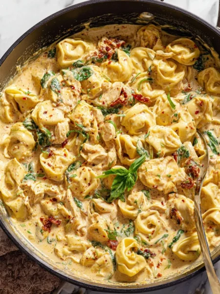 Creamy Tuscan Chicken Tortellini served in a bowl with fresh herbs