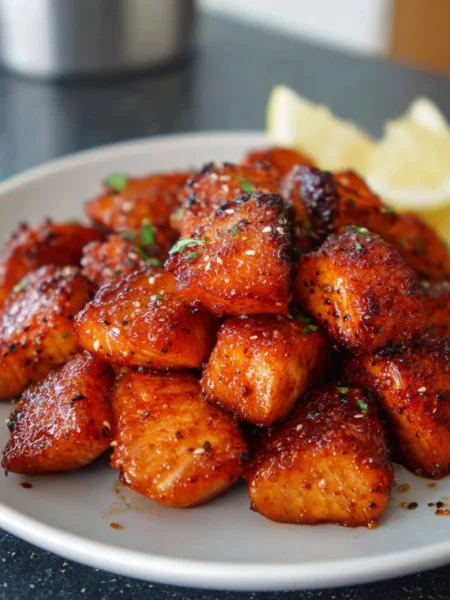 Crispy air fryer hot honey salmon bites on a serving platter