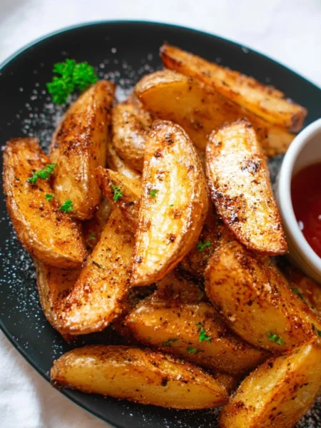 Crispy air fryer potato wedges served in a bowl