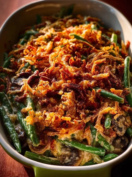 Delicious Crockpot Green Bean Casserole topped with crispy onions
