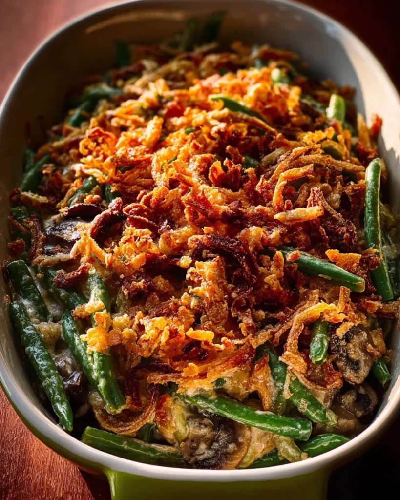 Delicious Crockpot Green Bean Casserole topped with crispy onions