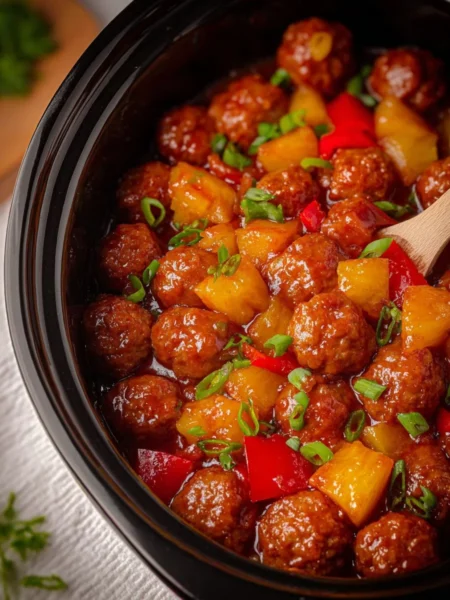 Delicious Crockpot Hawaiian Meatballs with a sweet and tangy glaze