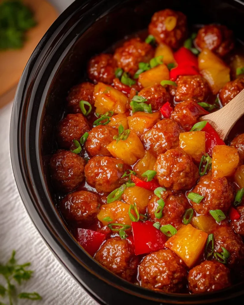 Delicious Crockpot Hawaiian Meatballs with a sweet and tangy glaze