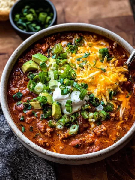 A bowl of Crockpot Spicy Queso Beef Chili topped with cheese and cilantro.