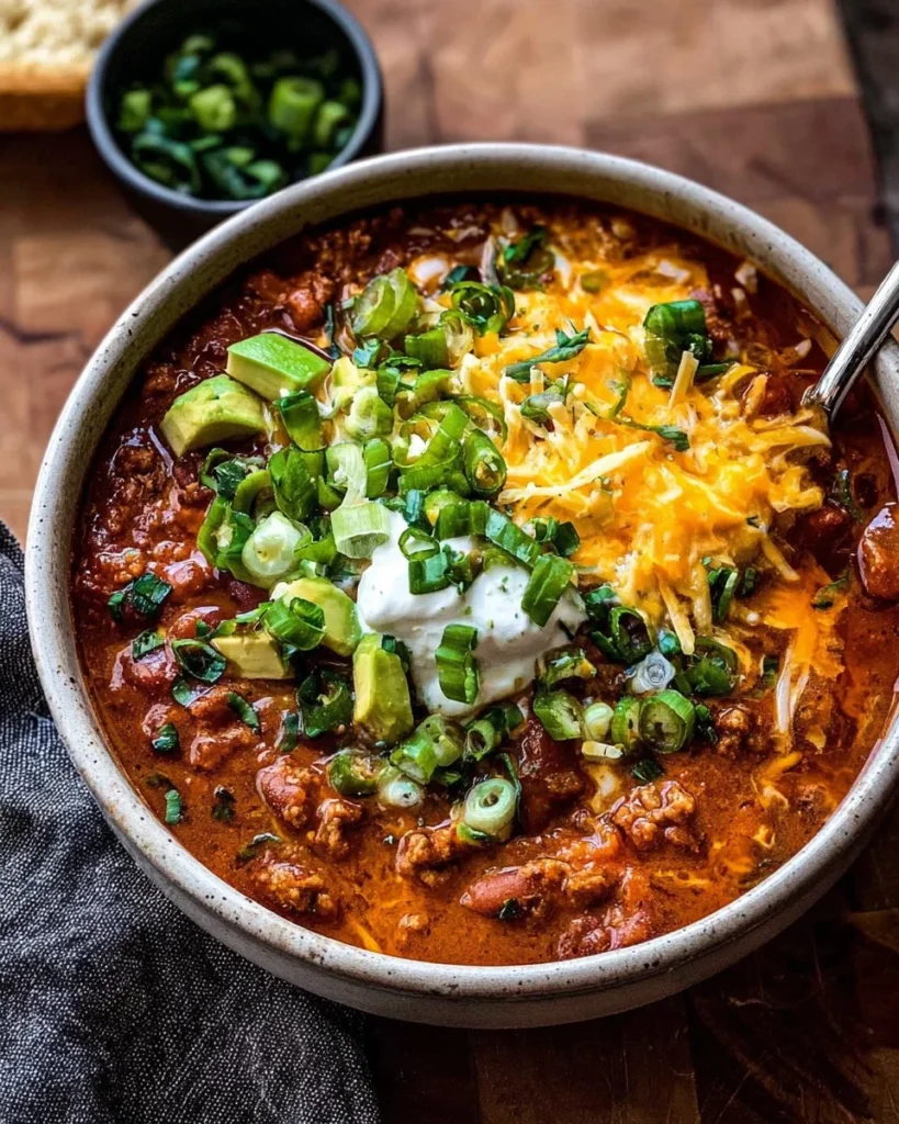 A bowl of Crockpot Spicy Queso Beef Chili topped with cheese and cilantro.