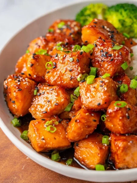 Air Fryer honey garlic salmon bites served on a plate.