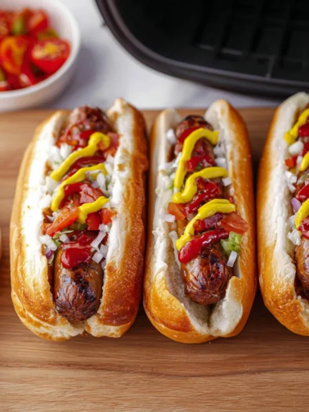 Air fryer hot dogs cooked to perfection in a crispy, delicious style
