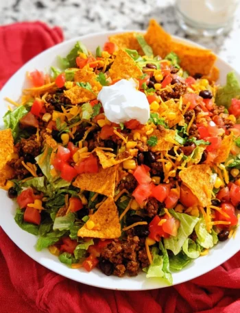 Dorito Beef Taco Salad Bowl topped with fresh ingredients and crunchy Doritos