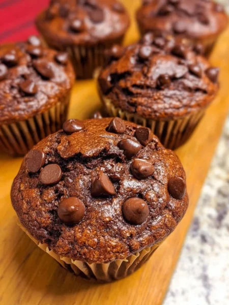 Delicious double chocolate chunk muffins inspired by Costco recipe