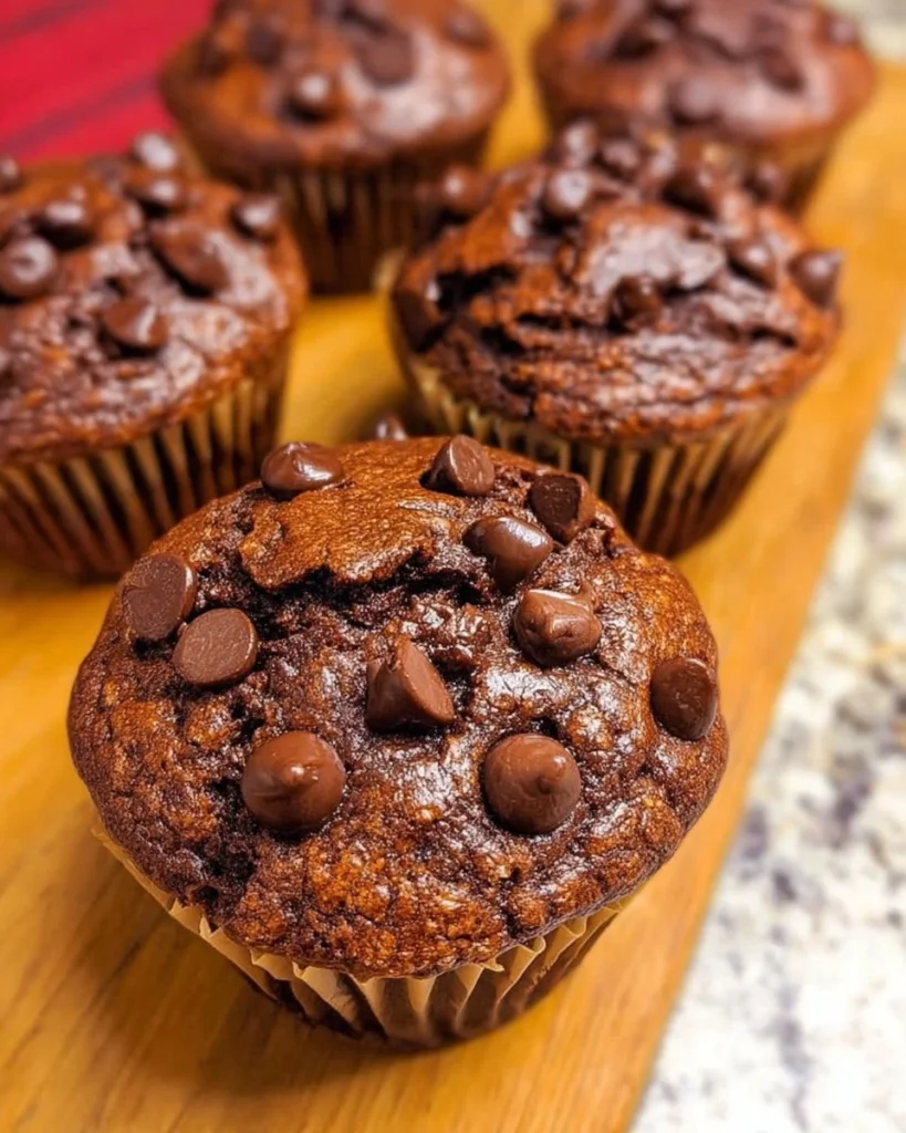 Delicious double chocolate chunk muffins inspired by Costco recipe
