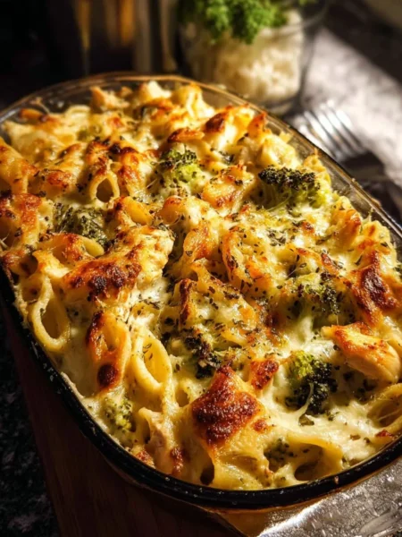 Easy Dump Bake Chicken Alfredo Noodle Casserole ready to serve