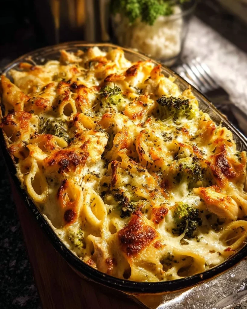 Easy Dump Bake Chicken Alfredo Noodle Casserole ready to serve