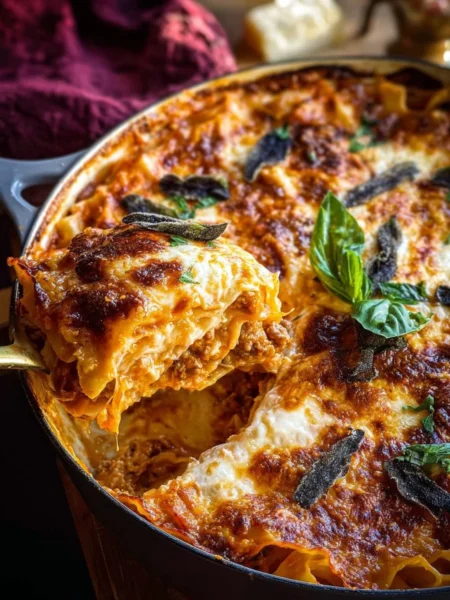 Delicious homemade Dutch Oven Lasagna served in a rustic cast iron pot