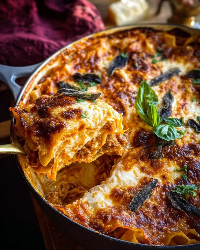 Delicious homemade Dutch Oven Lasagna served in a rustic cast iron pot