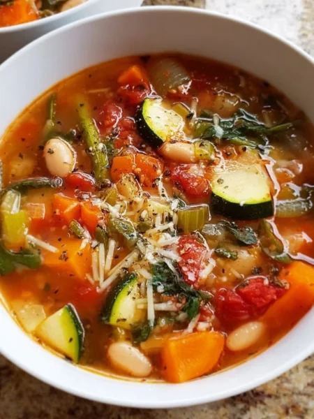 A bowl of easy and healthy minestrone soup filled with vegetables and noodles
