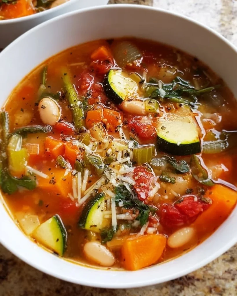 A bowl of easy and healthy minestrone soup filled with vegetables and noodles