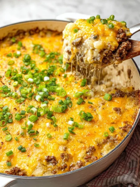 Easy cheesy hamburger and potato casserole topped with melted cheese