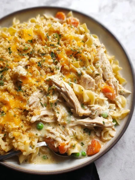 Easy chicken noodle soup casserole ready to serve with fresh parsley garnish