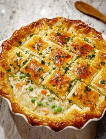 Easy chicken pot pie served in a dish, topped with golden pastry crust.