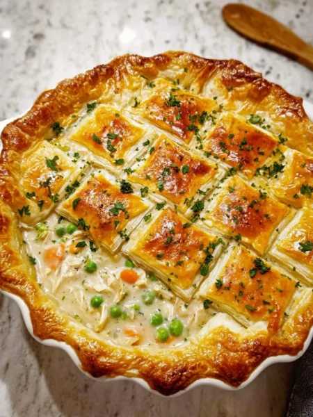 Easy chicken pot pie served in a dish, topped with golden pastry crust.
