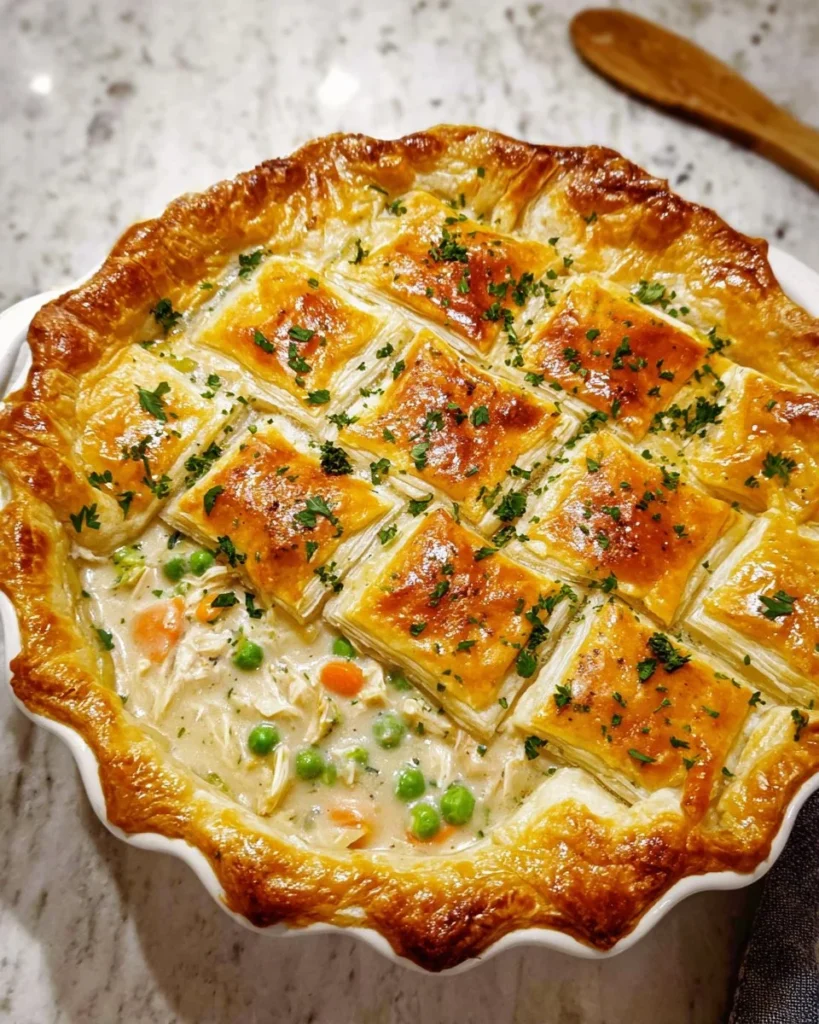 Easy chicken pot pie served in a dish, topped with golden pastry crust.