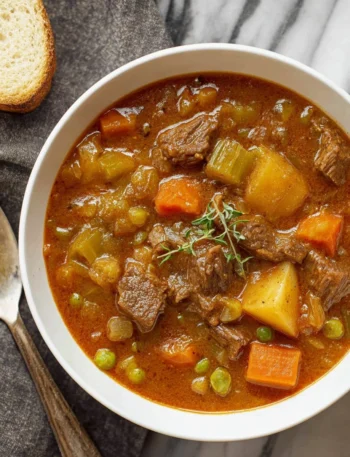 A hearty bowl of Instant Pot beef stew with vegetables and herbs.