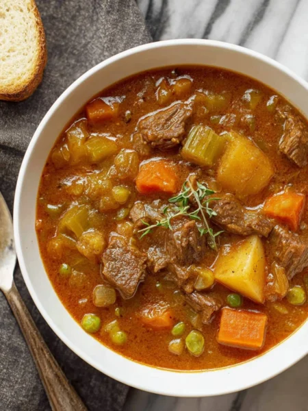 A hearty bowl of Instant Pot beef stew with vegetables and herbs.