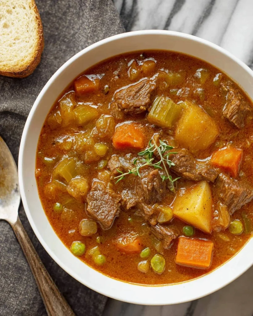 A hearty bowl of Instant Pot beef stew with vegetables and herbs.