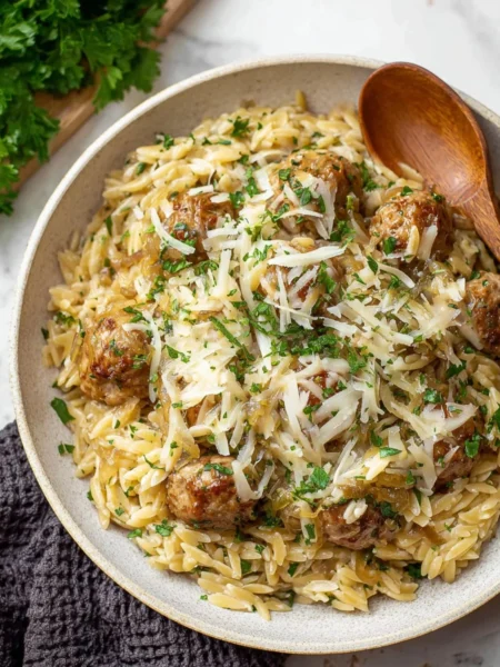 French Onion Meatballs topped with cheese served alongside cheesy orzo.