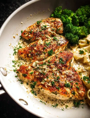 Delicious Garlic Parmesan Chicken served on a plate with herbs.
