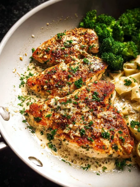 Delicious Garlic Parmesan Chicken served on a plate with herbs.