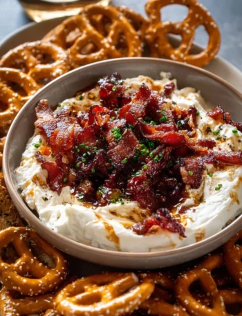 Creamy goat cheese candied bacon dip served in a bowl with crackers
