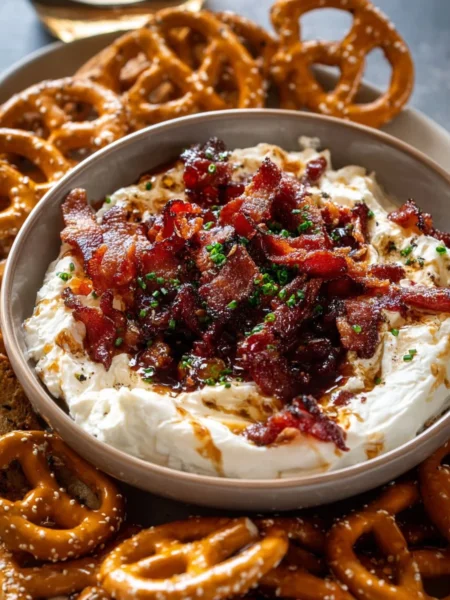 Creamy goat cheese candied bacon dip served in a bowl with crackers