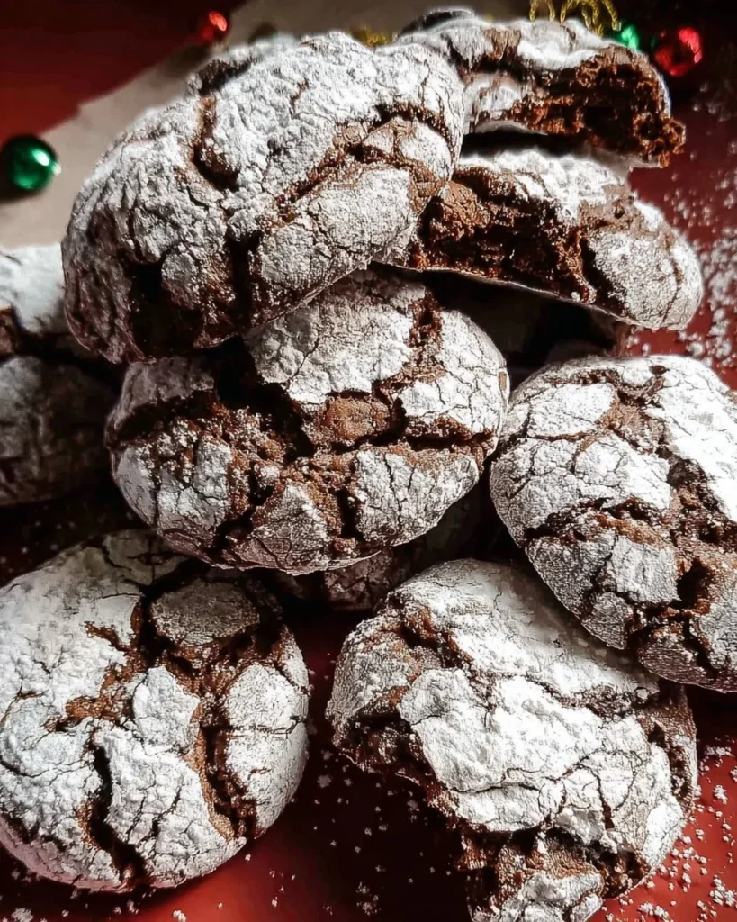 Gooey chocolate crinkle cookies dusted with powdered sugar on a plate.