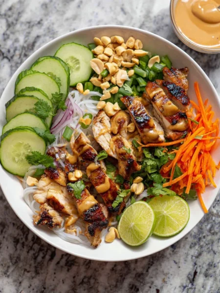 Grilled chicken spring roll bowl garnished with fresh vegetables and herbs