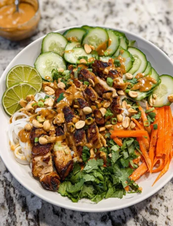 Delicious grilled chicken spring roll in a bowl with fresh vegetables and herbs