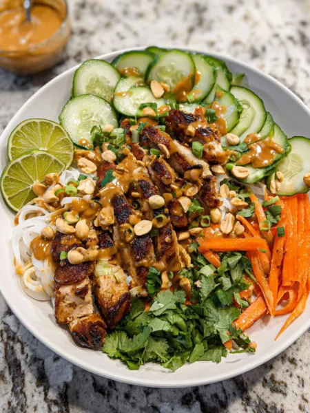 Delicious grilled chicken spring roll in a bowl with fresh vegetables and herbs