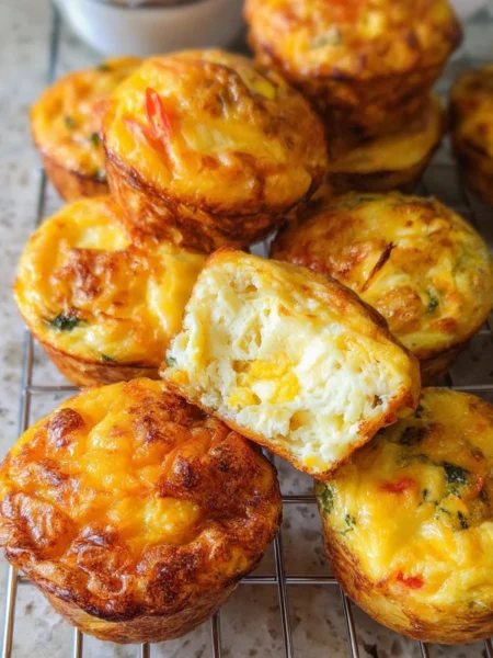 Delicious high protein cheese egg muffins baked in a muffin tin.