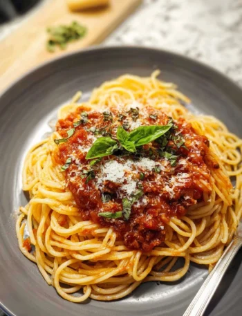 A bowl of rich homemade pasta sauce garnished with fresh basil