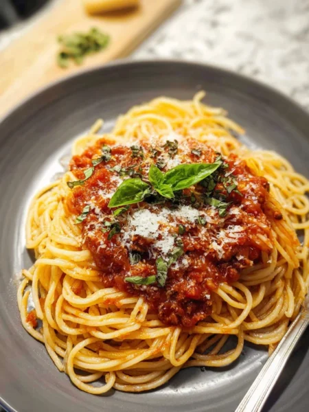 A bowl of rich homemade pasta sauce garnished with fresh basil