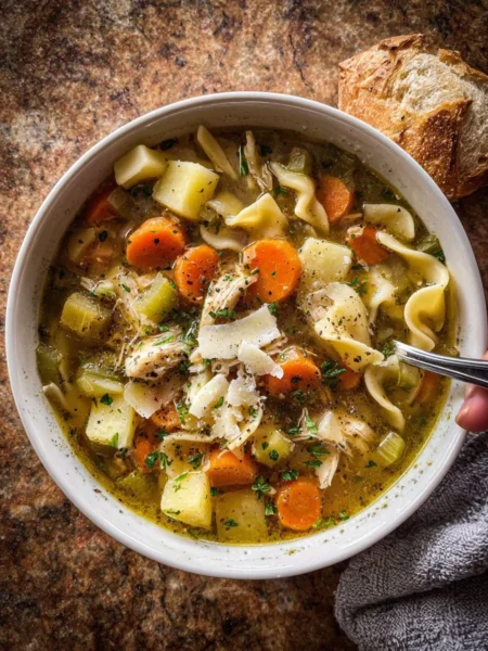 Bowl of homestyle chicken noodle soup with vegetables and noodles