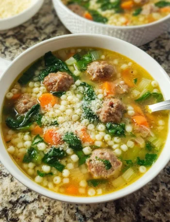 A bowl of delicious Italian wedding soup with meatballs and greens.